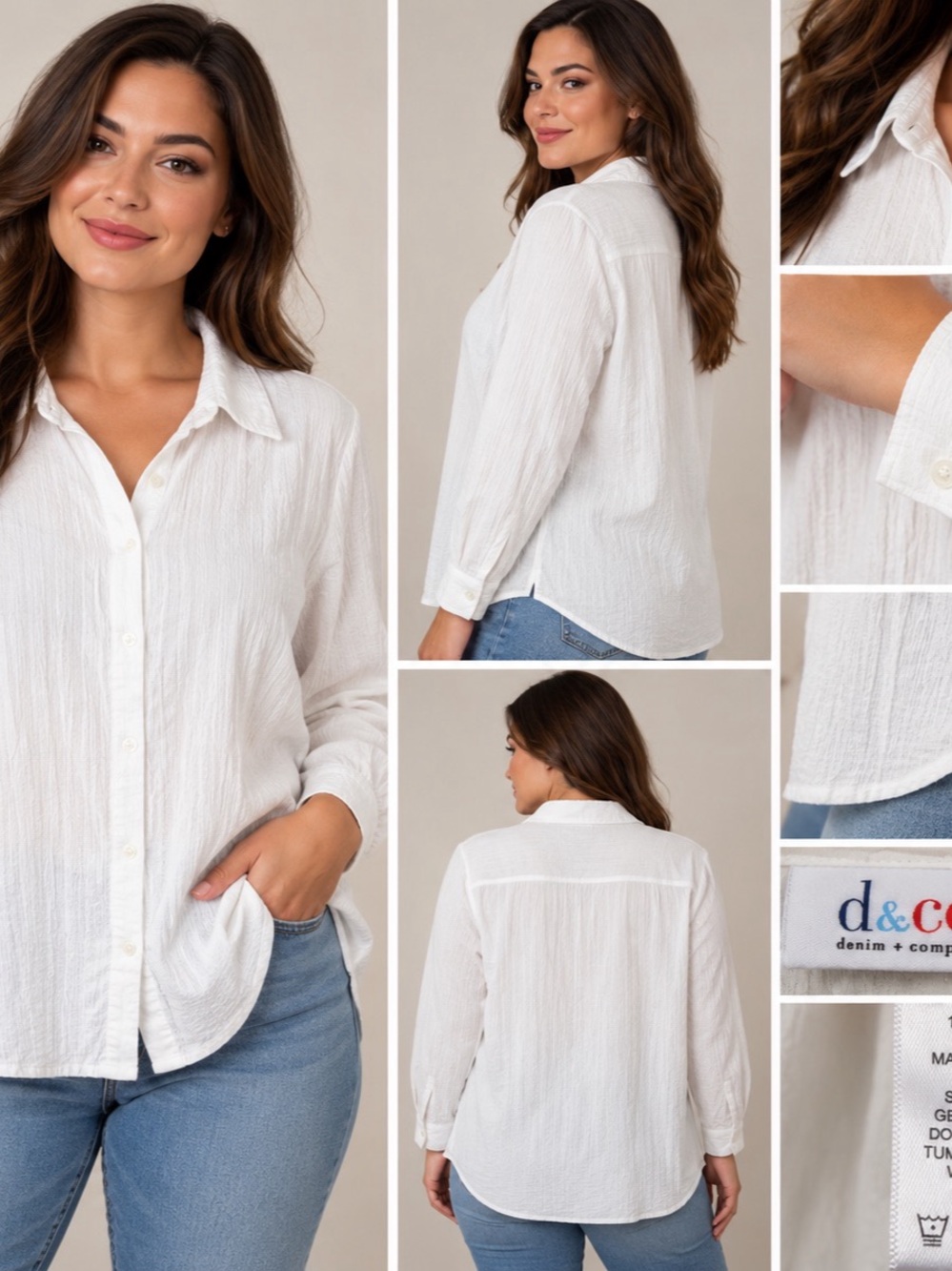 d&co Denim & Company White Cotton Button Down Shirt Size 1X Long Sleeve